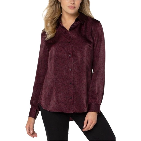 LIVERPOOL Burgundy WOMEN'S BUTTON UP WOVEN BLOUSE WITH MINI LEOPARD PRINT XS - Picture 1 of 13